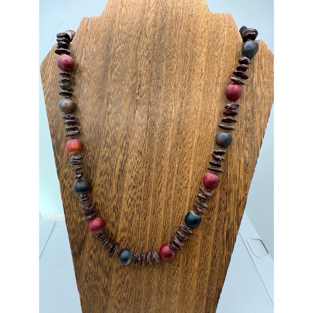 Handmade Wood and Seed Bead Necklace Brown Red Black Earthy Boho Strand 28in